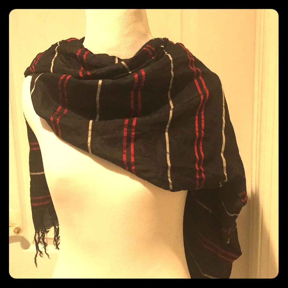 Silk long rectangular scarf with tassel ends